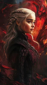 Dragonfire halos a silver-haired queen in molten stillness