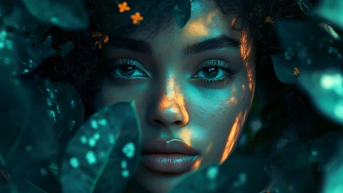 Digital painting portrait with bioluminescent foliage lighting.