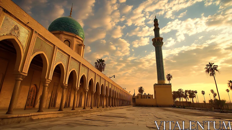 Golden sunset bathes historic mosque courtyard in serenity