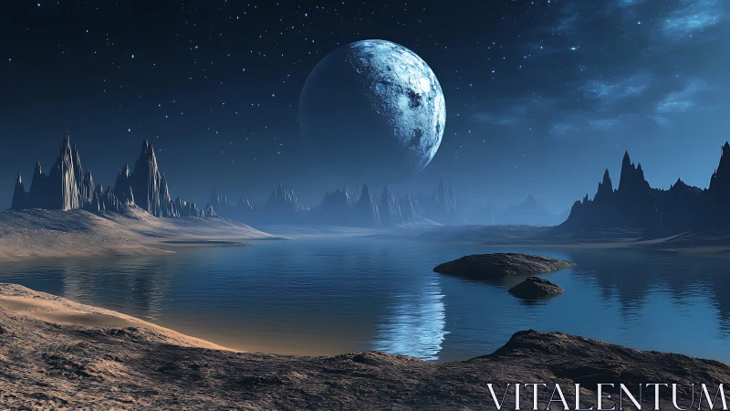 Calm alien shoreline under a glowing moonlit sky.