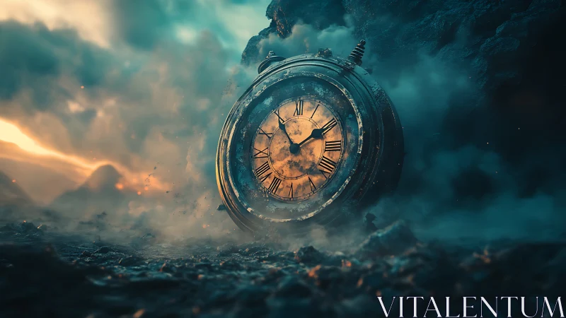 Cinematic 3D timepiece relic in apocalyptic smoke field.