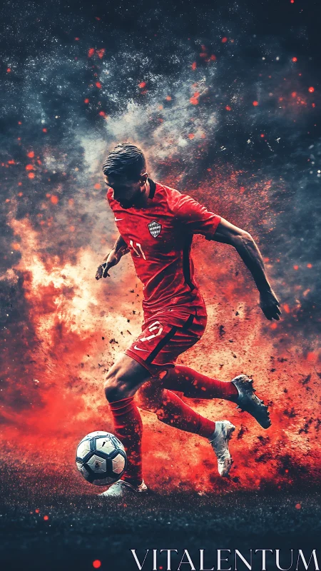 Fiery soccer player charges forward with powerful confidence