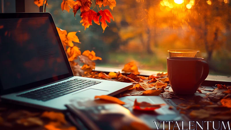 Laptop and coffee on autumn leaf covered windowsill workspace.