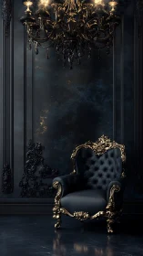 Baroque black throne under ornate gold chandelier glow.