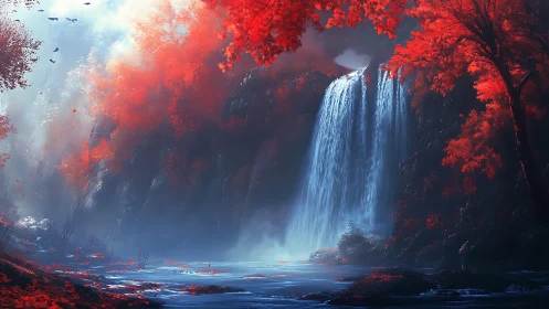 Digital painting of crimson forest waterfall with misted depth.