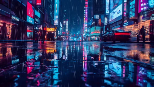 Neon reflections paint a rain-soaked futuristic city street