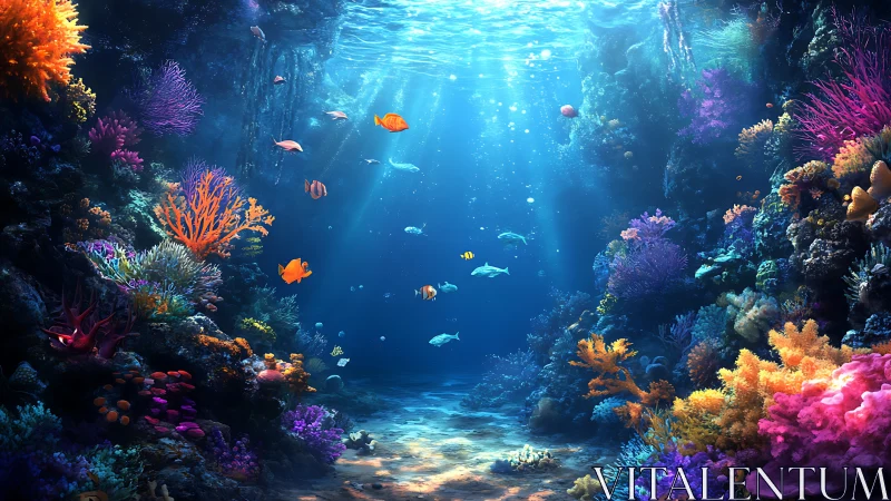 Colorful coral reef scene with tropical fish in clear water