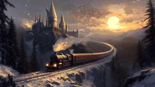 Magical winter train winding toward a glowing cliffside castle.