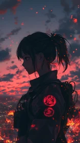 Anime soldier silhouette over burning city at red dusk.