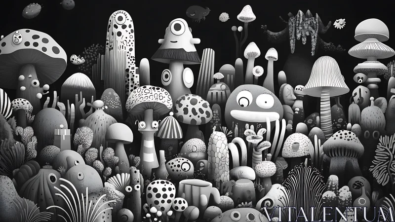 Monochrome whimsical mushroom forest with cartoon faces.