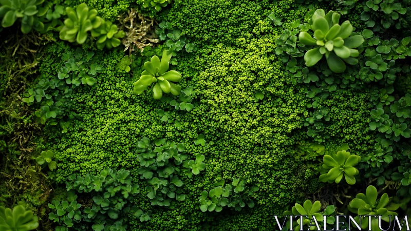 Dense green moss and succulents form a living forest carpet.