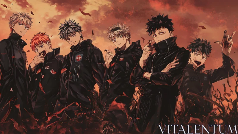 Six dark-uniformed anime fighters in crimson storm backdrop