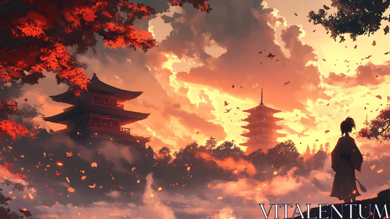 Sunset-ignited pagodas amid drifting mist and solitary samurai.