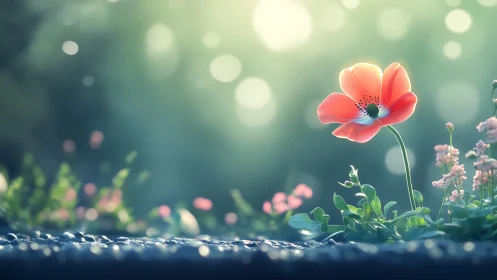 Red anemone bloom with soft focus bokeh background.