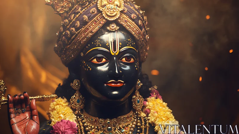 Image shows an ornate dark-toned deity statue with garlands