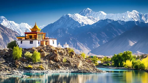 Mountain monastery above river with snow peaks in background.