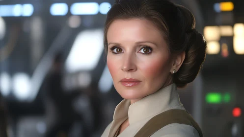 Woman in sci fi style uniform stands in blurred control room