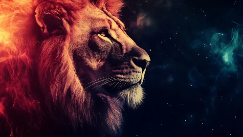 Lion profile in cosmic background with fiery lighting.