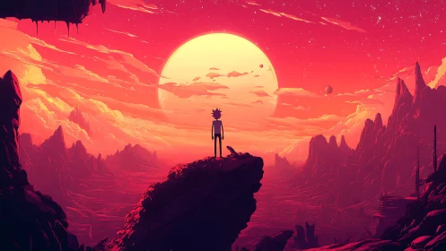 Solitary silhouetted observer surveys a neon alien megasunset