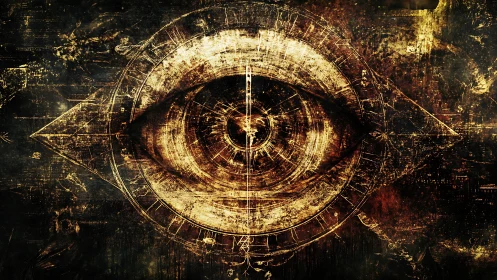 Centralized geometric eye motif overlays aged textured field