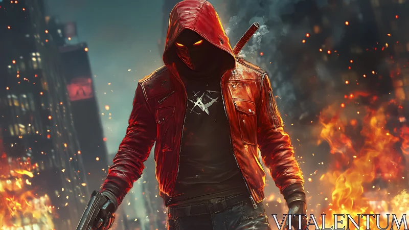 Hooded vigilante stalks burning city street with weapons.