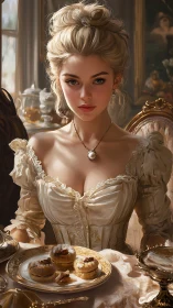 Victorian styled woman seated at ornate tea table.