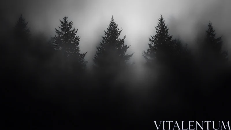 Backlit conifer silhouettes emerging through dense valley fog.