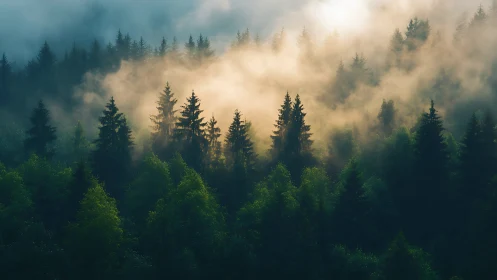 Misty Coniferous Forest with Golden Morning Light.