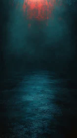 Crimson glow over misted teal water in dark void.