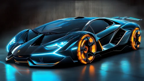 Cyberpunk hypercar with neon edge-lighting and alloy highlights.