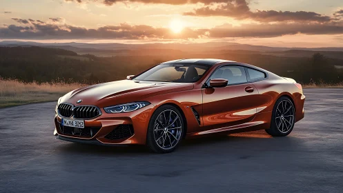 Orange BMW coupe parked on open road at sunset in hills