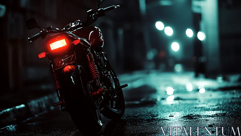 Rear-lit cafe racer on rain-soaked neon urban backstreet.