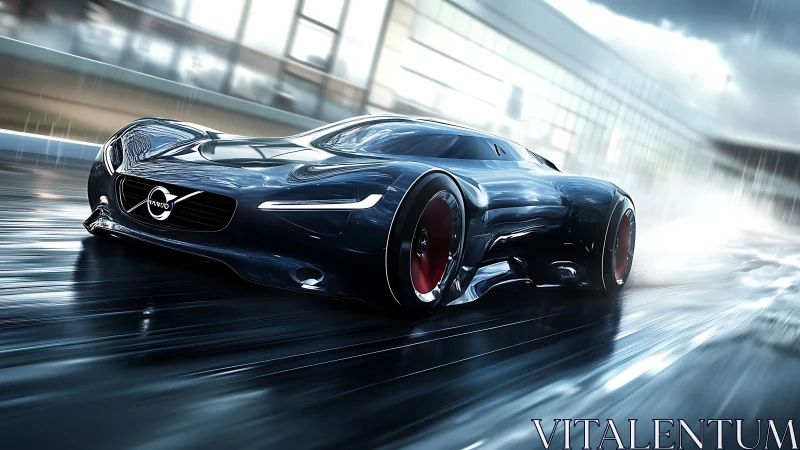 Hydrodynamic electric hypercar rendering on wet urban test track.
