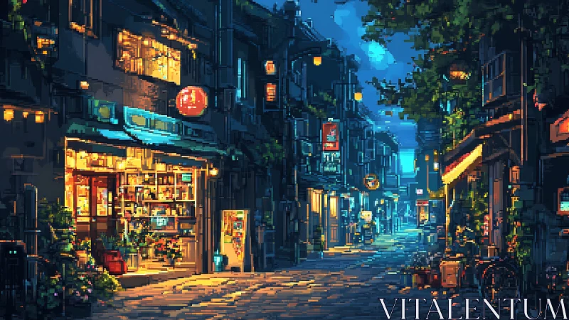 Pixel art nocturne of neon-lit alleyway with warm storefronts.