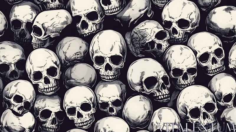 Dense arrangement of illustrated human skulls forms layered field