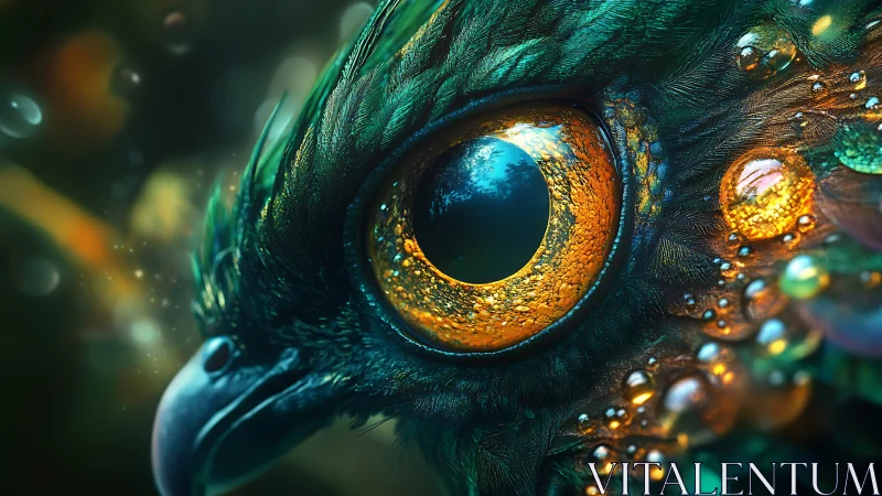 Surreal close-up of bird’s eye with vibrant feathers and fantasy lighting.