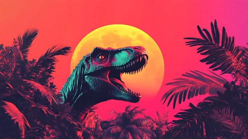 Neon jungle sunset with a roaring retro T. rex dreamscape.