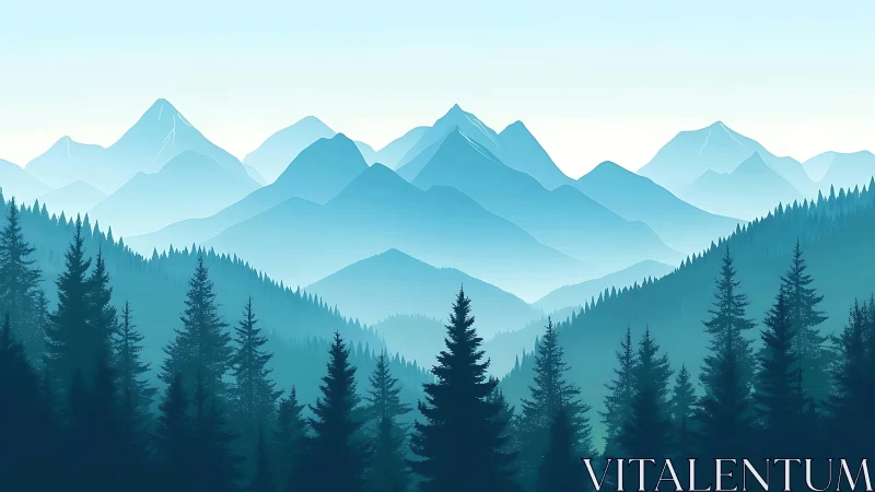 Layered conifer forest and distant blue mountain ranges.