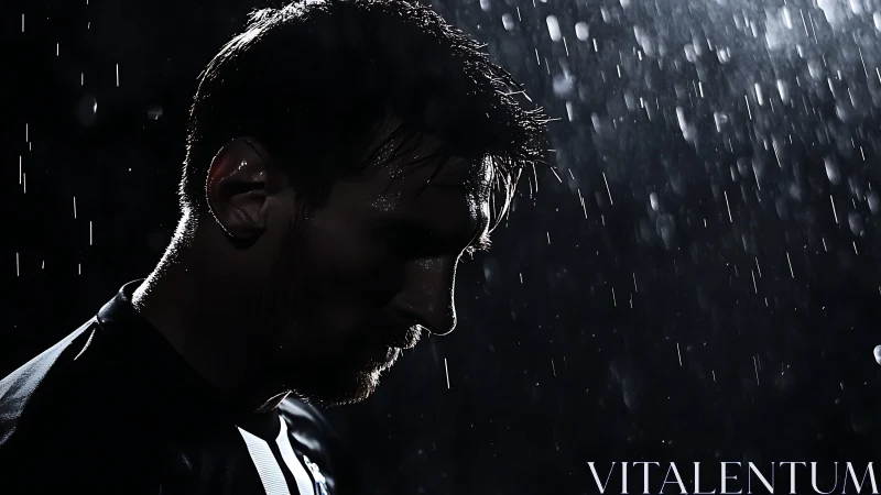 Side profile of male subject in heavy rain at night.