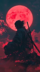Digital painting of lone samurai under a crimson supermoon.