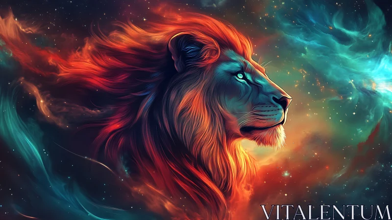 Cosmic lion profile with nebular mane in vibrant bicolor glow.