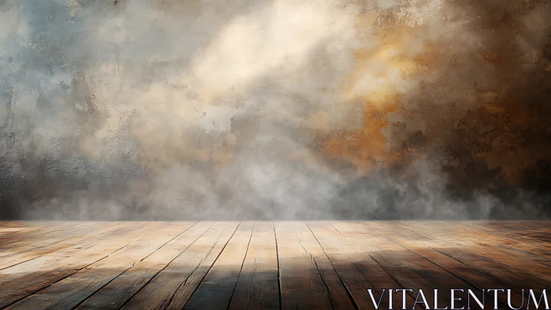 Weathered wooden floor meets textured wall in low diffuse light