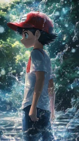 Anime boy in red cap standing quietly in shallow water.