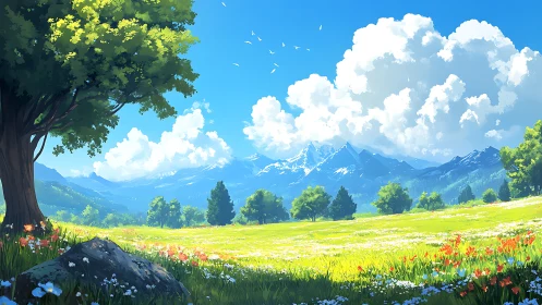 Sunlit alpine meadow spreads beneath towering cumulus clouds.