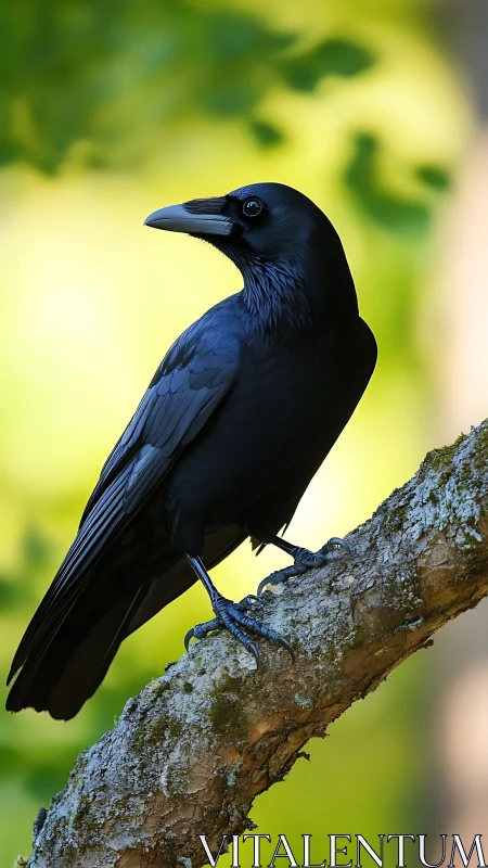 Iridescent Crow Perched on Lichen-Covered Branch.