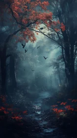 Enchanted Forest Path with Crimson Canopy and Flying Birds.