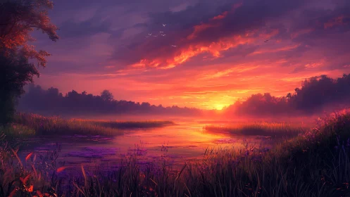 Spectral dusk over wetland estuary with volumetric haze rendering.