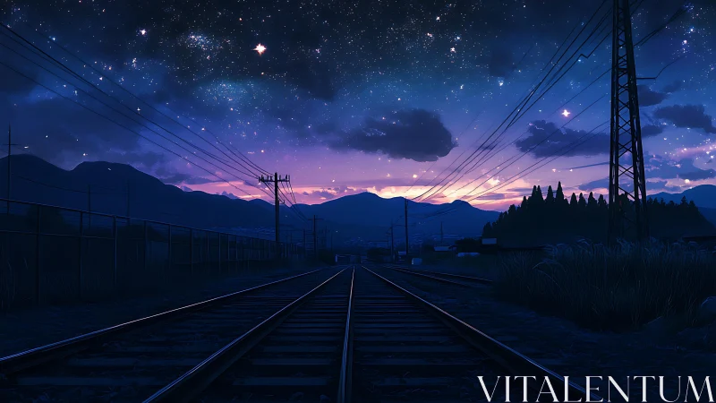 Railway perspective under luminous twilight starfield