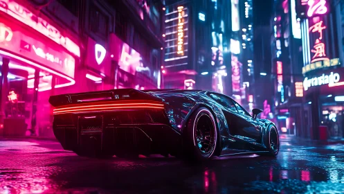 Neon storm supercar prowls through rain‑lit cyber streets.