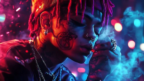 Neon side-lit portrait captures tattooed smoker in bokeh haze